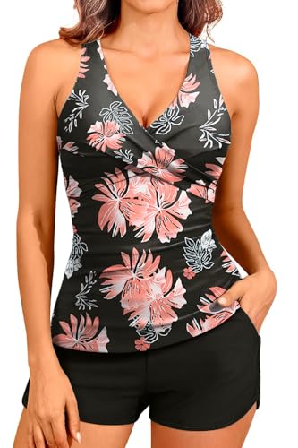CheChury Tankinis Mujer Traje de Baño 2 Piezas Bañador Reductor Vientre Plano Bikini Push Up con Aros con Pantalones Cortos Tankini Cuello V Correas Cintura Alta Bañadores Deportivos Mujer Natacion