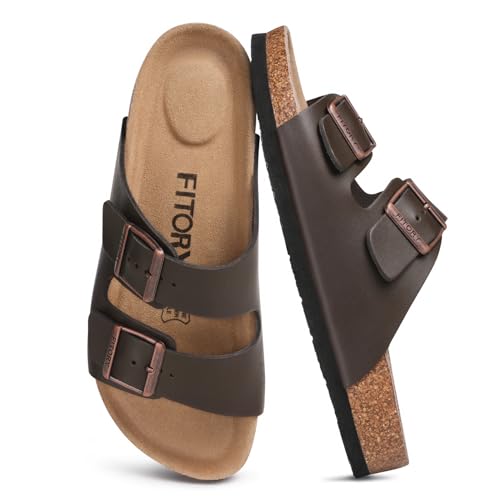 FITORY Herren Leder Sandalen Orthopädische Pantoletten mit Kork Fußbett Sommer Schlappen Mocca Größe 43
