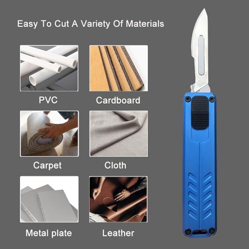 Automatic Utility Knife, Safety Black Box Cutter Retractable, EDC Push Button Knife, Exacto Scalpel Knife, 10PCS #23 Razor Blades Pocket Knife with Clip (Blue)
