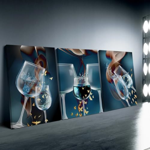 Toiles murales salon design abstrait verres à vin bleus SPXLUCAW triptyque élégant