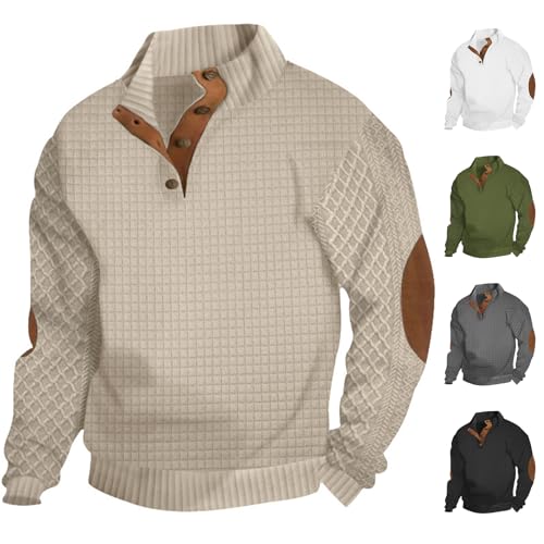 Mens Vintage Sweater Elbow Patches Collar Pullover Quilted Quarter Button Long Sleeve Stand Collar for Casual4