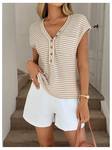 GORGLITTER Women's Striped Sweater Vest Cropped Cap Sleeve Button Up V Neck Knit Tank Tops Fall Outfits 20254