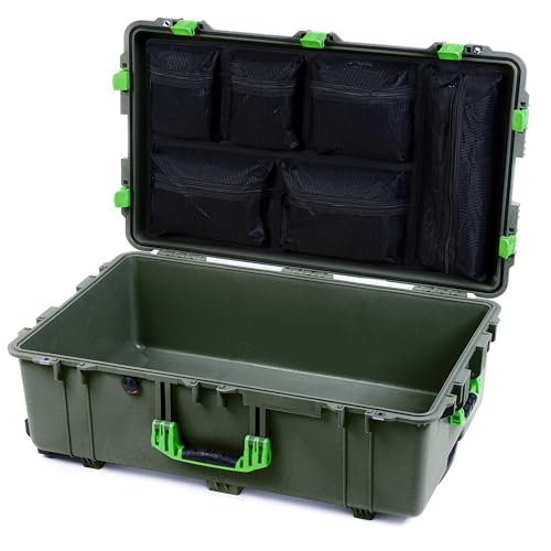 Pelican 1650 Case by ColorCase - OD Green - Large Sized Waterproof Rolling Case with Mesh Lid Organizer - Lime Green Handles & Latches