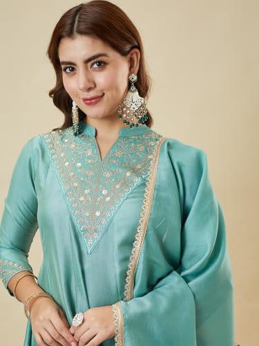 Image of MOKOSH Women's Silk Embroidery Kurta Sharara with Dupatta | Kurta Set | Embroidered |Indian Kurta Outfit with Sharara | 3 Piece Outfit |Straight Ethnic Suit 4 Colour Options Available