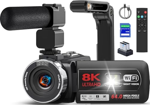 Caméscope 8K 64MP WiFi Caméra Vidéo avec Vision Nocturne IR
