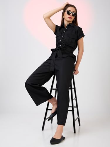 Image of Globus Women Olive Solid Shirt Collar Jumpsuit with Waist Tie-Up-3638458001