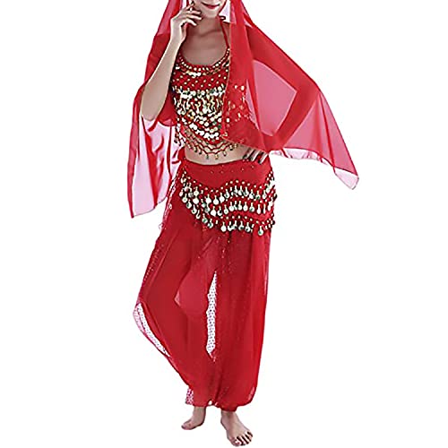 Image of VRITRAZ Women's Chiffon Belly Dance Chiffon Top, Harem Pants and Hip Scarf Ringy Golden Coins Fancy Pants