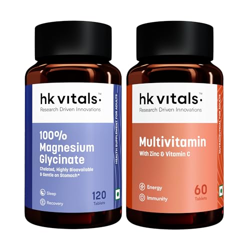 Image of hk vitals 100% Magnesium Glycinate (1880mg) 120 Tablets | For Better Sleep Quality & Muscle Recovery with Multivitamin (60 Tablets)