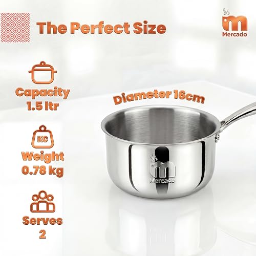 Image of Mercado Triply Stainless Steel Saucepan 16 cm (1.5L) | SS304 Food Grade | Ideal for Milk, Tea & Boiling | Induction Compatible | Cool-Touch Handle | Even Heat Distribution | Silver | 5 Years Warranty