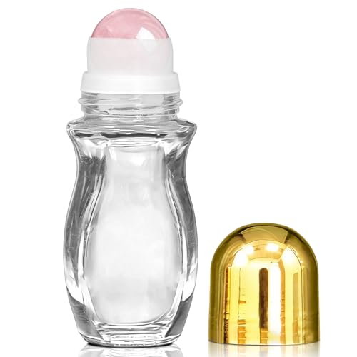 Warmify Rose Quartz Roller Waisted Bottles for Essential Oils 50ml Refillable Clear Glass Roll On Bottles with Natural Crystal Roller Balls Leak-Proof Travel Perfume Bottle with Gold Caps