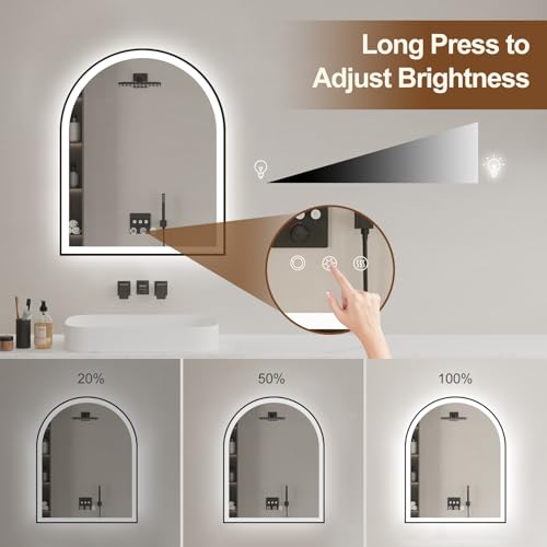 Image of Arched LED Mirror for Bathroom 24 inchx30 inch, Black Lighted Bathroom Mirror with Lights-Fogless, Dimmable, 3 Color Changing, Shatterproof, Touch Sensor