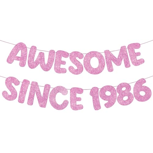 Image of Fulmoon Pre-strung Awesome Since 1986 Banner Glitter Happy 40th Birthday Banner Funny 40th Birthday Decorations 1986 Party Decorations for Men Women Anniversary(Pink)