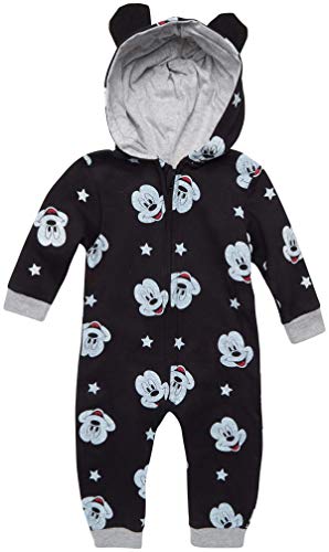 Disney Baby Boys Mickey Mouse One Piece Footless Hooded Romper Jumpsuit (Newborn/Infant), Black/Mickey Mouse Faces, Size 18 Months