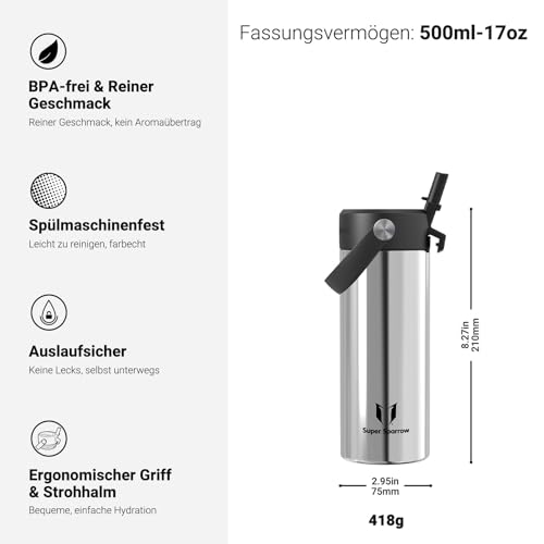 Sparrow Kinder Trinkflasche Edelstahl 500ml Thermosflasche mit Strohhalm – Ansicht 3