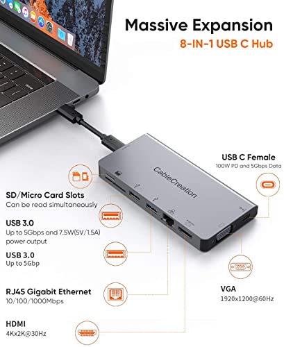 Image of USB C Hub Multiport Adapter with Detachable USB-C Cable,CableCreation 9-in-1 Type C Dock to 4K HDMI, VGA, Ethernet, 2 USB 3.0, SD /Micro SD and 100W PD Work for MacBook Pro /Air 2020, iPad Pro 2018