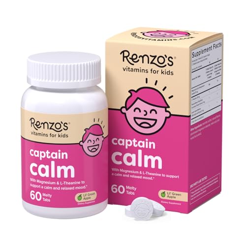 Renzos Captain Calm Kids Magnesium Supplement with L-Theanine Dissolvable Kids Vitamins for Relaxation and Mood Support Sugar-Free Melty Tabs Green Apple Flavor 60-Count (1-2 Month Supply)
