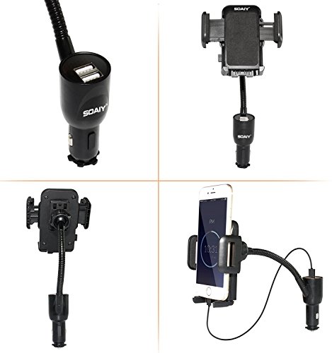 SOAIY 3-in-1 Cigarette Lighter Car Mount + Voltage Detector (Not for Center Console & Window), Dual USB 3.1A Charger with Adjust Gooseneck & 360° Rotating Car Mount Cradle for 1.7-3.7inch Width Phones