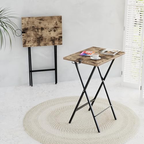 Image of VECELO Folding TV Tray for Eating Set of 2, Portable Dinner /Snack Table with Cup Holder for Couch, Living Room and Small Space, Rustic Brown