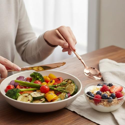 Image of Elegant Handle Rose Gold 20 Pcs Stainless Steel Cutlery Set for Dining Table, Dishwasher Safe Glossy Flatware (4 Spoon Set+4 Forks Set+4 Butter Knife+4 Dessert Spoon+ 4 Fruit Fork)