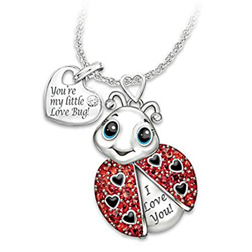 shiYsRL Women Necklace Pendant, Women Rhinestone Inlaid Ladybug Heart Letter Pendant Chain Necklace Jewelry Gift Birthday Gift for Mom Women Wife Girls Her -