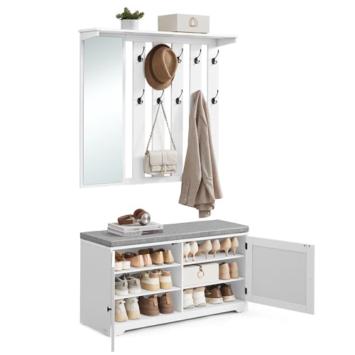VASAGLE Schuhbank Wandgarderobe Set, Garderobe mit Spiegel, 10 Doppelhaken, Schuhschrank mit verstellbaren Ablagen, Doppeltüren, Sitzbank, Sitzpolster abnehmbar, 101 cm breit, wolkenweiß LSC011W01 VASAGLE Schuhbank Wandgarderobe Set, Garderobe mit Spiegel, 10 Doppelhaken, Schuhschrank mit verstellbaren Ablagen, Doppeltüren, Sitzbank, Sitzpolster abnehmbar, 101 cm breit, wolkenweiß LSC011W01