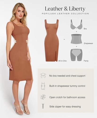 Image of Popilush Leather Dress with Built in Shapewear Square Neck Slit Midi Dresses Faux Leather Concert Club Outfits