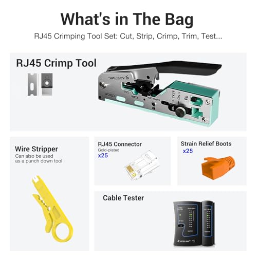 Image of VCELINK RJ45 Crimp Tool Kit for CAT7 /6A /6 /5E /5, Upgraded Network Tool Set with an Ethernet Crimper, 25 RJ45 Connectors & Boots, Cable Tester, and Wire Stripper, Green (no Cloth Bag Include)