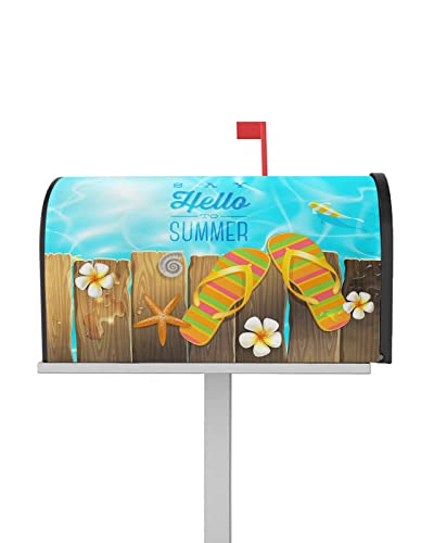 Summer Ocean Slipper Floral Starfish Wood Grain Mailbox Cover Magnetic Mail Wraps Covers Standard Size 21''X18'',Blue Sea Flip-Flops Stripe Flower Post Box Cover For Garden Yard Patio Outdoor Decor #TOP9
