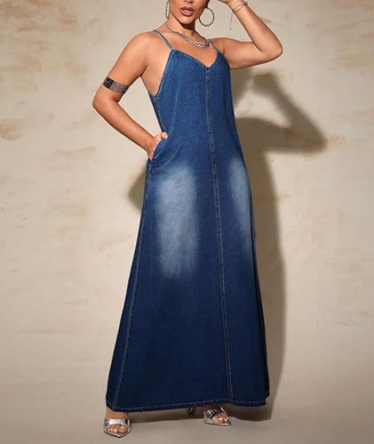 Image of Sexyshine Women's Sleeveless Adjustable Strap Maxi Denim Dress V Neck Washed Blue Plus Size Cami Long Jean Dress Pockets