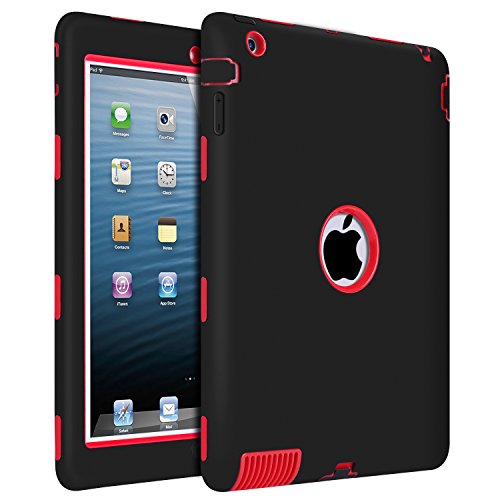 iPad 2 Case, iPad 3 Case, iPad 4 Case, BENTOBEN Heavy Duty Rugged Shock-Absorption/High Impact Resistant Hybrid Three Layer Armor Full Body Protective Case Cover for iPad 2/3/4 Retina - Black/Red