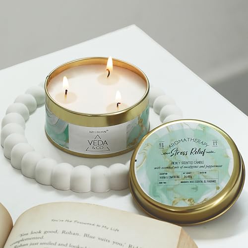 Image of Welburn Veda&Co Scented Wax Candle - Stress Relief | Aromatherapy Travel Tin Candle | 100% Natural Soy Wax | Relaxing Stress-Relieving Fragrance | 15 Hours Burn Time | 85gm Travel Candle