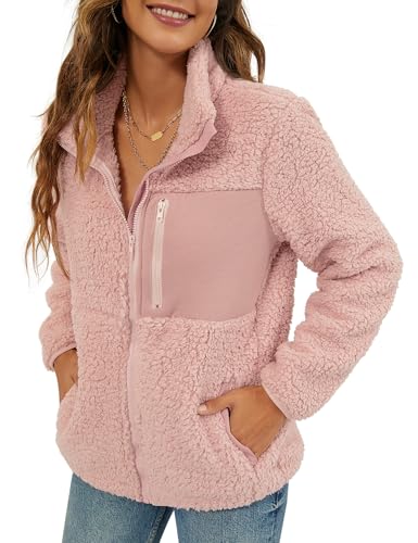 VVK Women 2024 Winter Coat Faux Fur Fleece Jacket Long Sleeve Lapel Zip Up Pockets Shaggy Warm Outerwear (Pink, M)