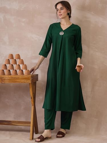 Image of INDO ERA Women's Viscose Solid A-Line Calf Length Kurta & Pant Set (IESTR12352)