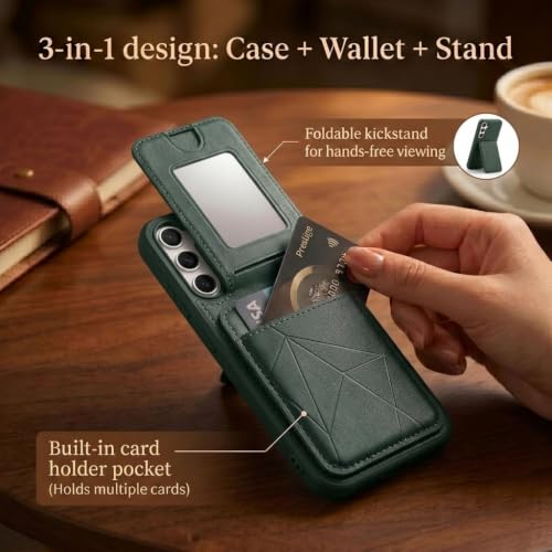 Image of amazon basics Premium Vegan Leather Back Cover with Card Holder and Integrated Mobile Stand for Samsung Galaxy S25FE 5G - Slim Shockproof Wallet Case with Geometric Stitching [Green]