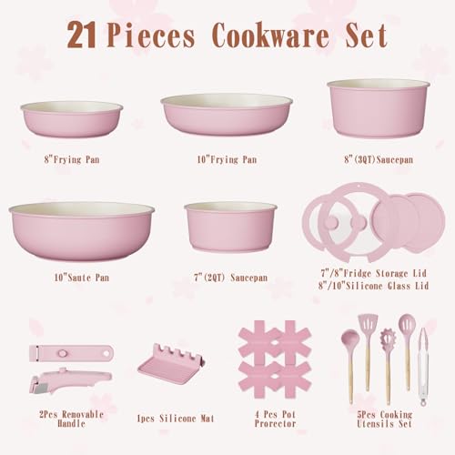 Image of Umite Chef Pots and Pans Set Non Stick, 21 pcs Nonstick Ceramic Cookware Set, RV Kitchen Cooking Set with Detachable Handles, Oven Safe, Induction Cookware, Stackable, Pink, PFAS PFOA & PTFE Free