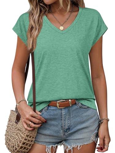 ATHMILE Womens Summer Tops V Neck Cap Sleeve Tshirts Casual Cute T Shirts Fashion Clothes Vintage Basics Tee