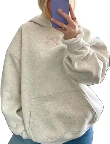 Embroidery Hoodies Women Cute Bowknot Graphic Preppy Pullover for Teen Girl Oversized Long Sleeve Hood Sweatshirt Y2k Hoodies Retro Aesthetics Pullover Tops Pink L