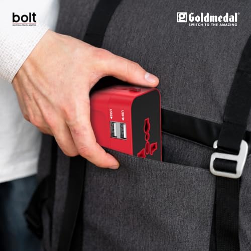 Image of Goldmedal Bolt Universal Travel Adaptor | 2 Type-A USB Ports for Quick Charging | Supports Variety of Plug Types| Perfect for International Travel - Black & Red | Supports Variety of Plug Types| Perfect for International Travel - Black & Red