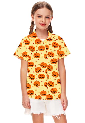 Image of Remimi Unisex Kids Halloween Shirt Boys Pumpkin Ghost Shirts Hawaii Button Up Tops 5-14 Years