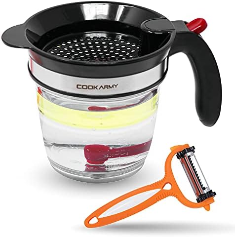 Cook Army Fat Separator With Bottom Release – 4 Cup Kitchen Grease Separator for Gravy, Oil, Soups, Stew – Our Cooking Gravy Separator Strainer Includes a Multifunctional Vegetable Y Peeler