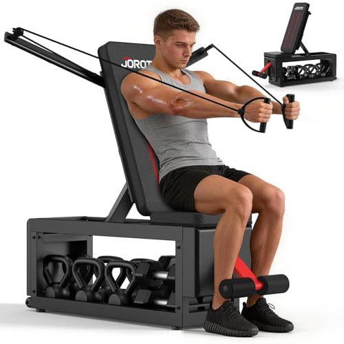 JOROTO 5-in-1 Adjustable Weight Bench with Cable Crossover, 990 LBS Weight Bench With Storage, Combining Adjustable Bench, Cable Crossover Machine, Storage Box with Wheels in One Compact Unit