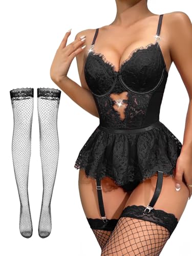Lilosy Sexy Stocking Rhinestones Heart Garter Underwire Floral Mesh lace Sheer Babydoll Lingerie Teddy Bodysuit Skirt Set Women 2 3 Piece Push Up See Through Black Medium