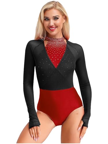 RUNQHUI Damen Tanzbody Sport Turnanzug Langarm Ballett Trikot Tanz-Body Mesh Patchwork Bodysuit Einteiler Trikotanzug Tanzkostüm Rot schwarz XXL