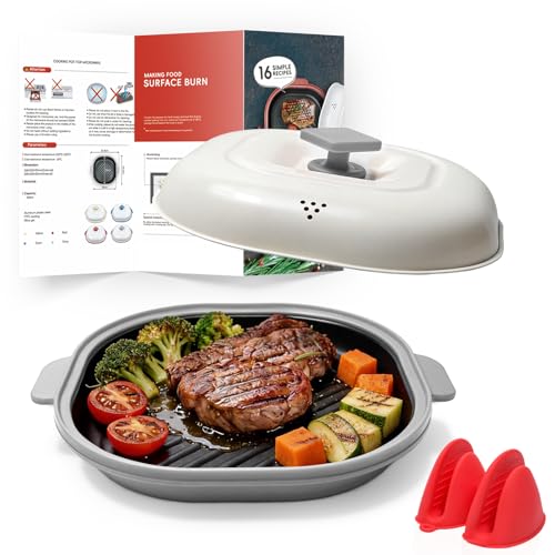 AHJ Microwave Grill Pan with Lid, Microwave Cooker Multi-Use for Grilling, Frying, Browning and Crisping, Microwave Griller & Crisper Pan for Grill Meat, Sandwich, Vegetable, Egg, Potatoes (Gray)