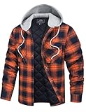 TACVASEN Mens Flannel Shirt Jacket with Hood Quilted Lined Hooded Plaid Jacket Long Sleeve Flannel Coat Casual Fashion Shacket Orange