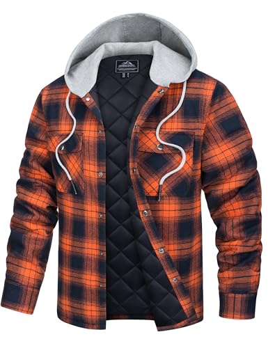 TACVASEN Mens Flannel Shirt Jacket with Hood Quilted Lined Hooded Plaid Jacket Long Sleeve Flannel Coat Casual Fashion Shacket Orange