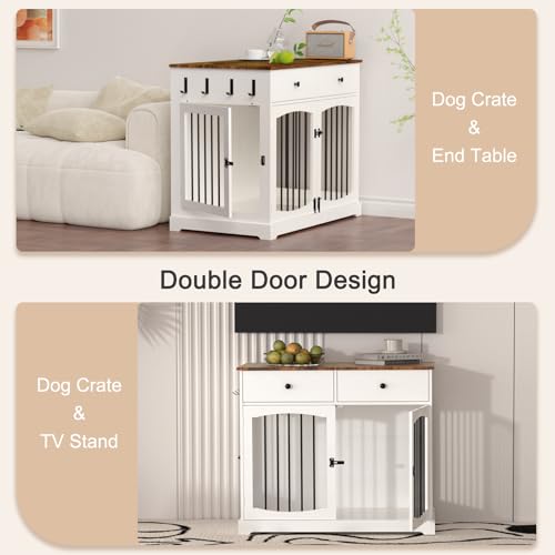 BREEZEHEAT Dog Crate Furniture, 40 inch Farmhouse Dog Kennel with Drawers-Wooden Pet Crate End Table, Double Door Design, Decorative Dog House Indoor for Small Medium Large Dog,Off White - Image 6