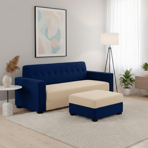 Image of FURNY Luxora 2 Seater Fabric Sofa Set with 1 Ottoman (Dark Blue-Cream) with Velvet Finish | Durable Comfort | Ideal for Living Room. | Breathable material
