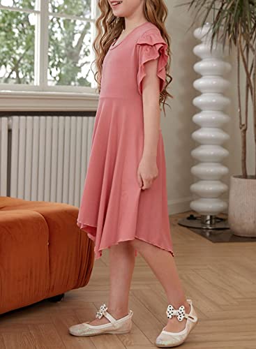 Eytino Girls Maxi Dress Casual Ruffle Short Sleeves Crew Neck Irregular Hem Loose Long Dress,6-7Y Pink #TOP6