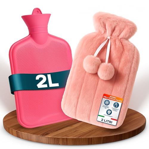Borsa Acqua Calda 2L - Boule Acqua Calda Rosa con Pon Pon per Alleviare il Dolore, Scaldamani e Scaldapiedi – Borsa dell’Acqua Calda di Lusso, Morbida e Lavabile per Impacchi Caldi e Freddi